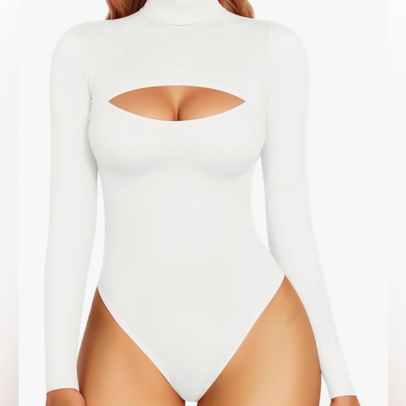 White Long Sleeve Cutout Bodysuit by Mangopop with mock neck cutout front top. - Picture 1 of 11